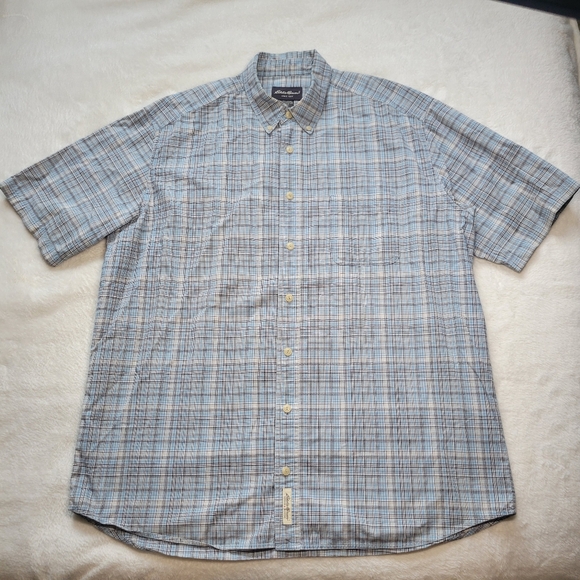 Eddie Bauer Shirt Mens XLT Lot Of 2 Button Up Plaid Blue Classic Fit Short Sleev - Picture 3 of 10